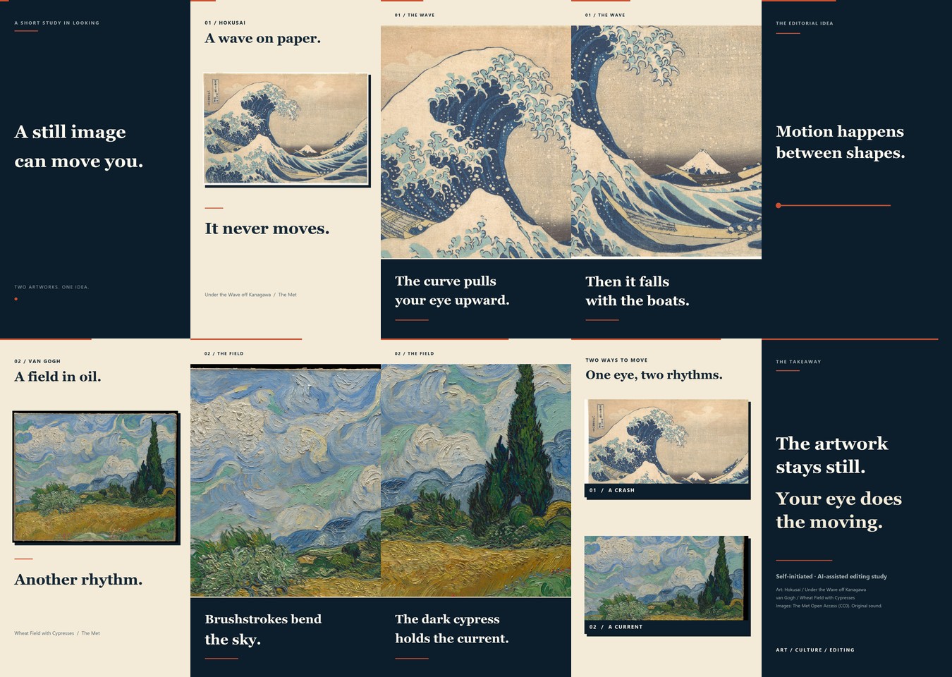 Ten frames tracing the edit from opening text, through close views of Hokusai’s wave and van Gogh’s landscape, to a side-by-side comparison and final statement.